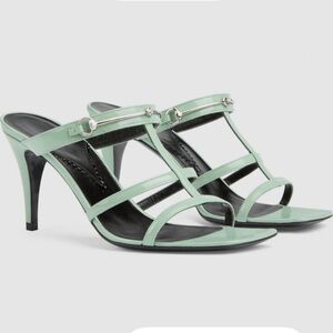 GUCCI Regent Calfskin Horsebit Mid Heel Sandals 36.5 Pacific Green
